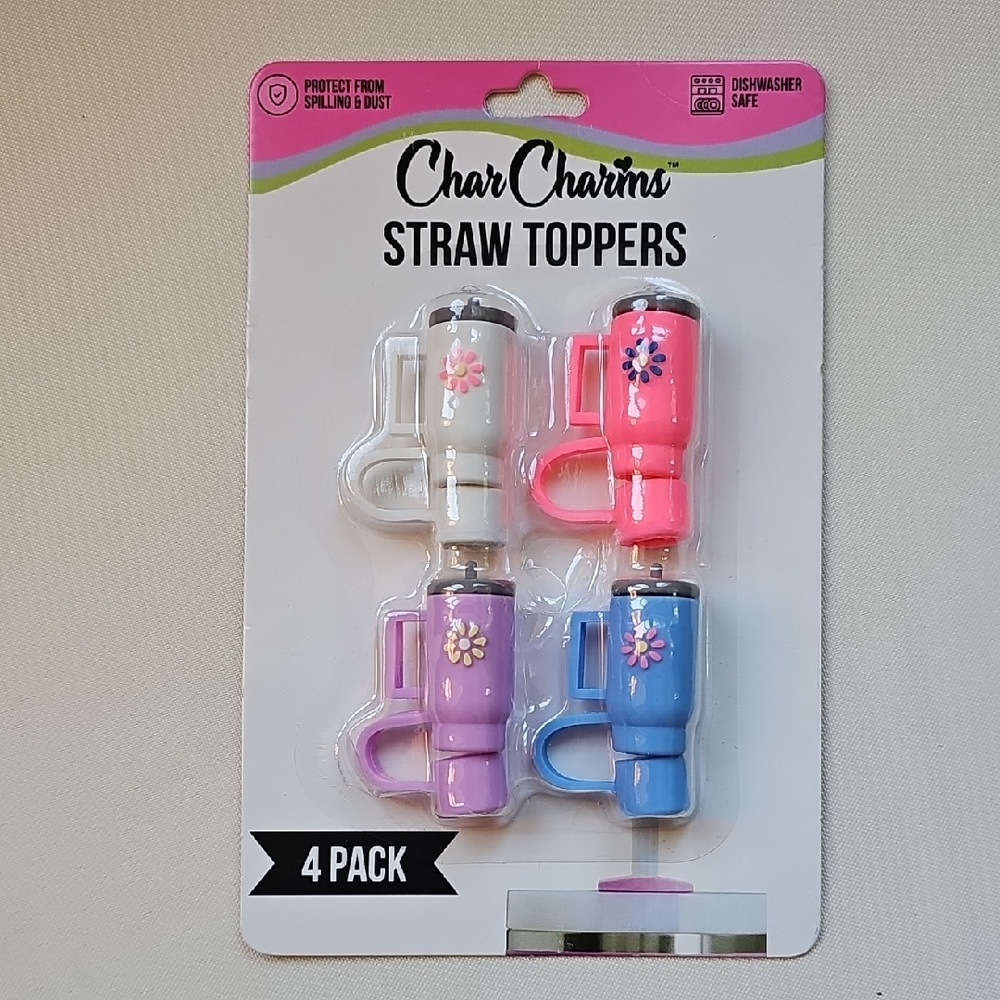 Char Charms Straw Toppers 4 Pack - Pink, Blue, White, Purple New In Package